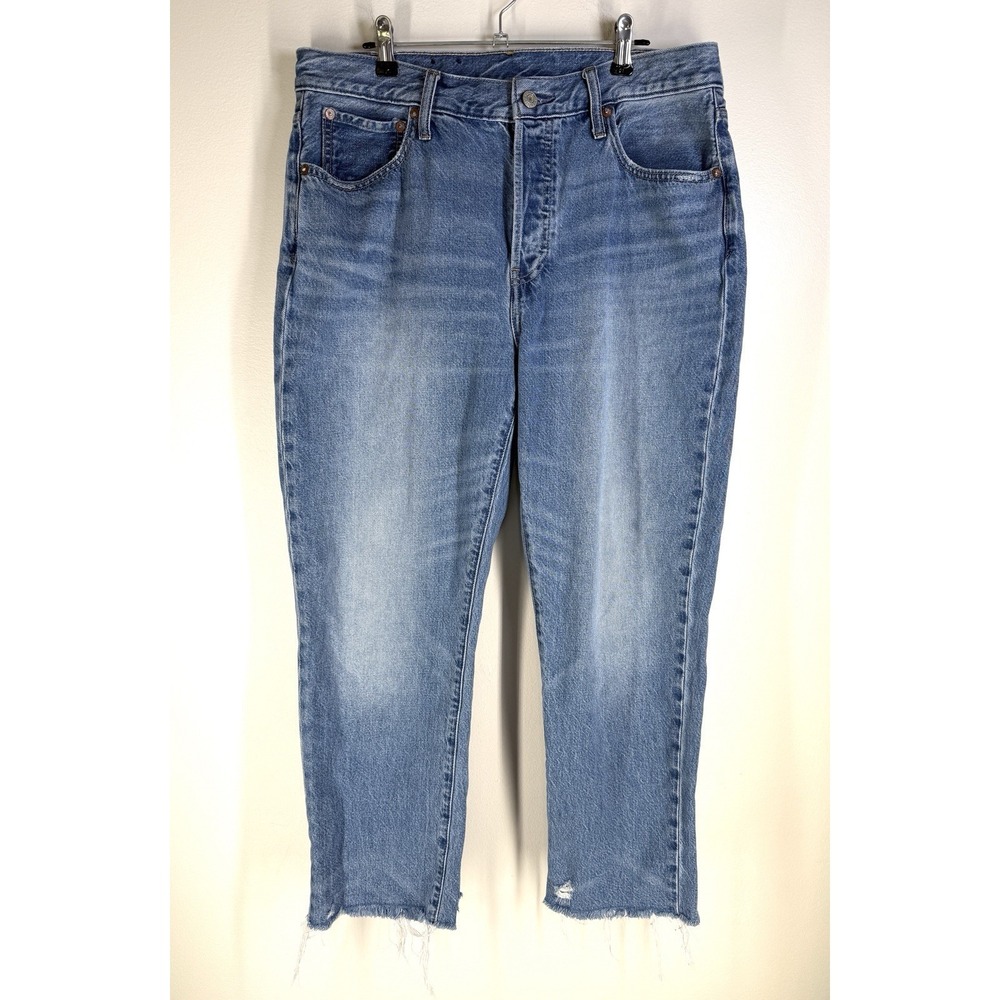 Gap Jeans Womens 31/12 Blue Boyfriend Mid Rise Distressed Raw Hem Button Fly